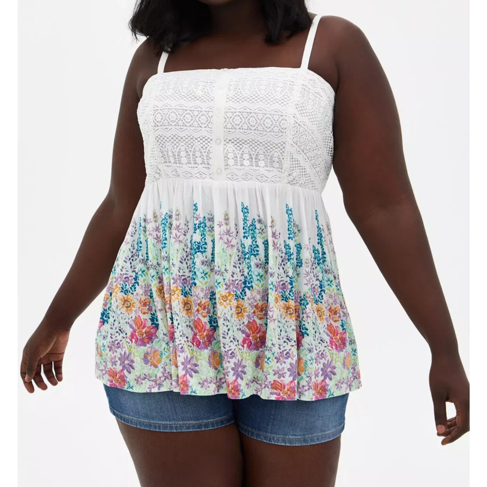 Torrid Babydoll Gauze Crochet Trim Cami White Floral Sleeveless Plus Size 2 2X - Picture 1 of 12